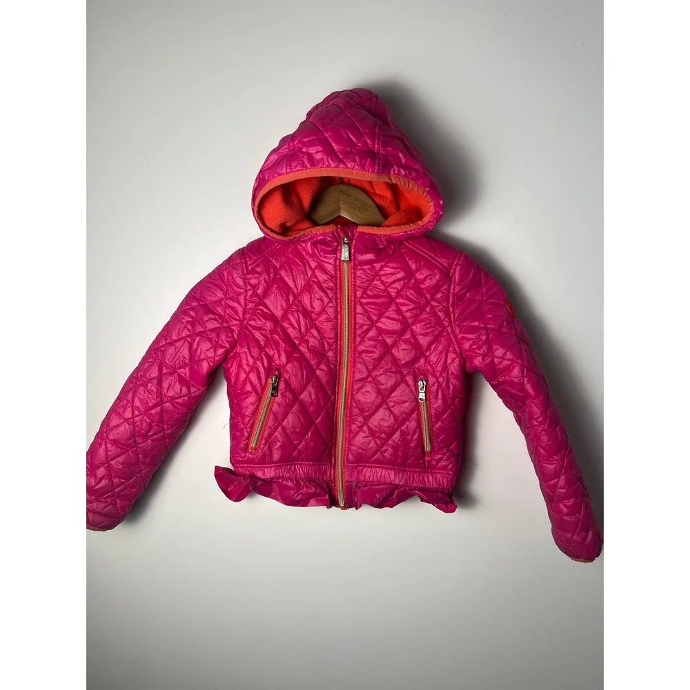 Michael Kors Quilted Puffer Jacket Kids Sz 5/6 Pink Hooded Ruffle Hem